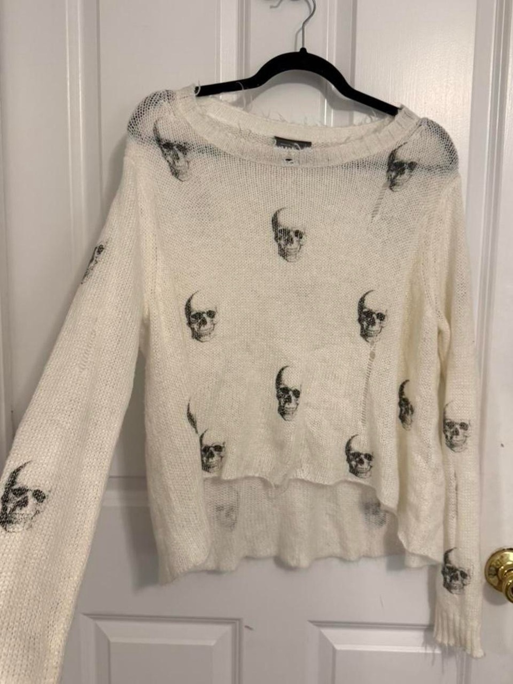 Wooden Ships Cream Knit Sweater with Black Skull Print